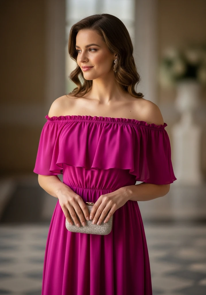 Woman in a fuchsia Off-shoulder ruffle dress for a summer evening