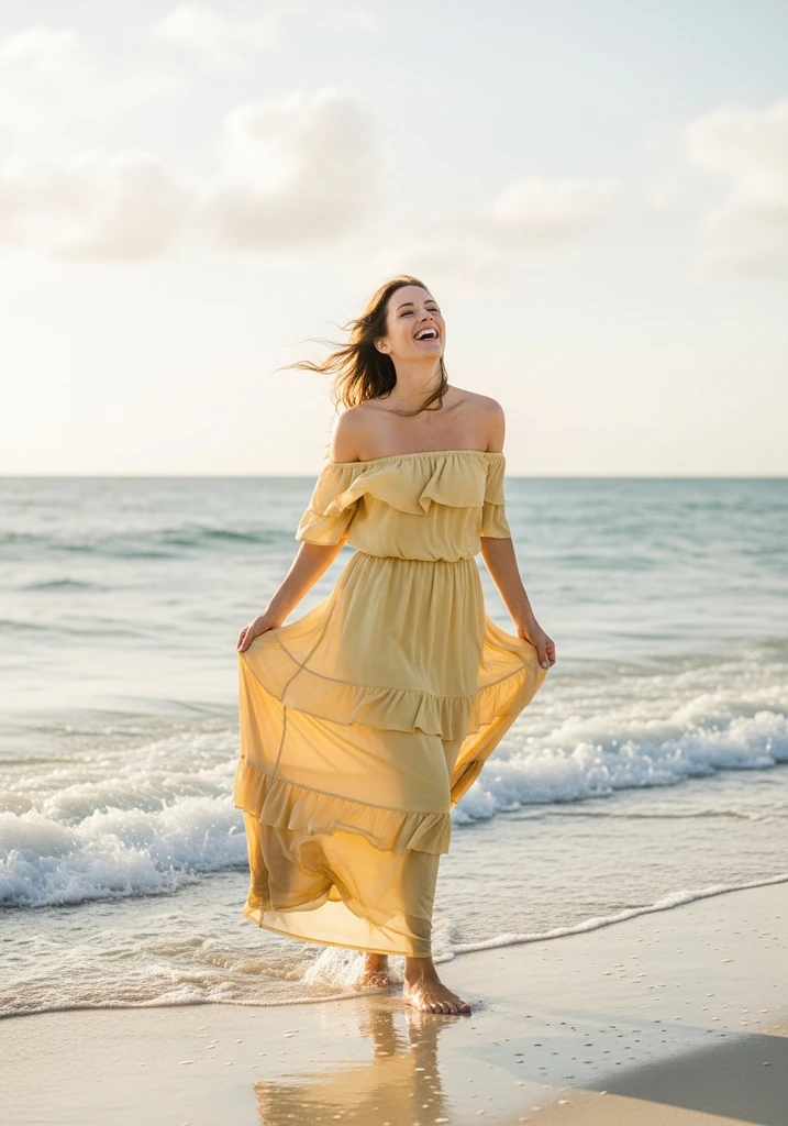 Woman in yellow Off-shoulder Ruffled maxi dress on shoreline