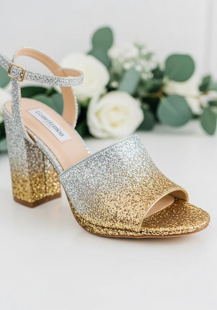 Top Block Heel Wedding Shoes for Comfort and Style 24 Ombre glitter block heel sandals, offering a unique and dazzling statement.