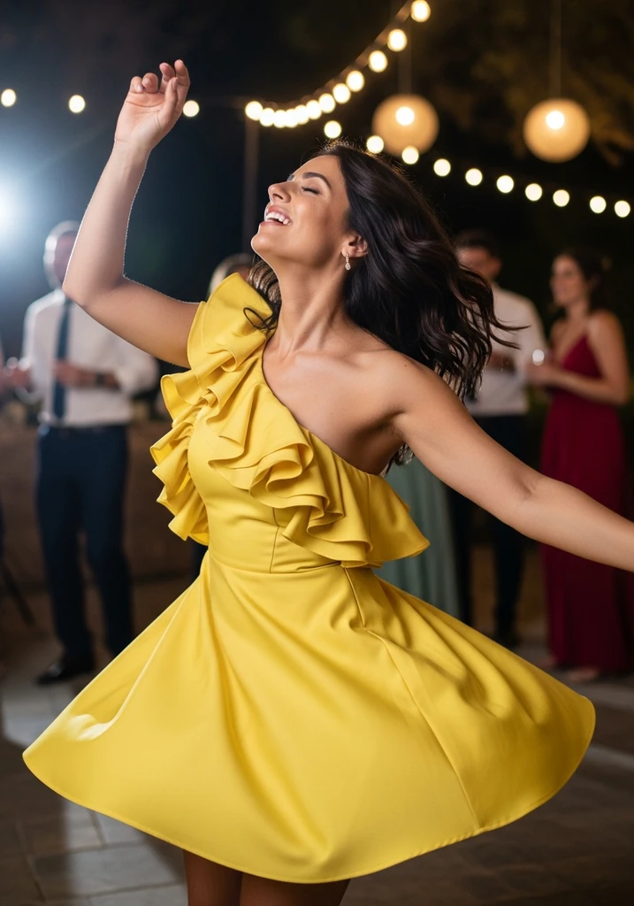 Woman in a yellow one-shoulder ruffle mini dress for a cocktail wedding