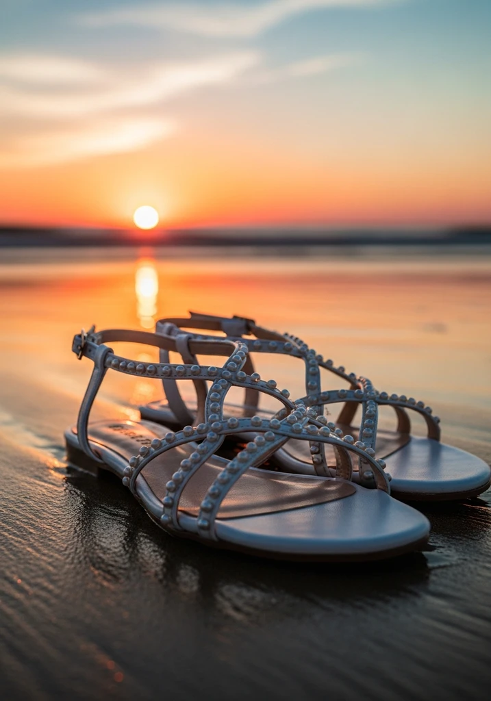 White open toe sandal flats with pearl accents, ideal for a beach wedding.