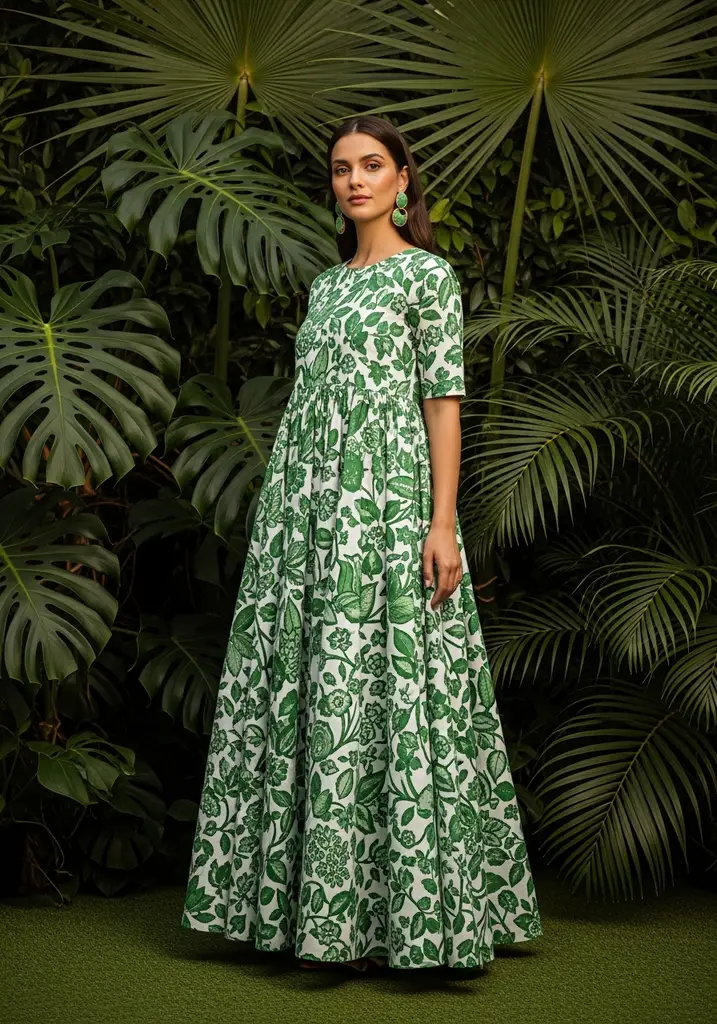 21 Chic Cotton Summer Wedding Guest Dresses 16 Woman in a patterned cotton Empire waist maxi dress at a tropical wedding.