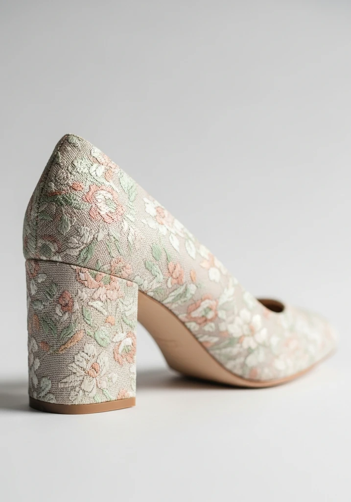 Top 17 Bridal Block Heel Shoes for Your Wedding Day 14 Block heel shoe with subtle floral patterned fabric.