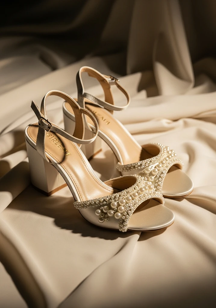 Ivory satin block heel sandals with pearl details