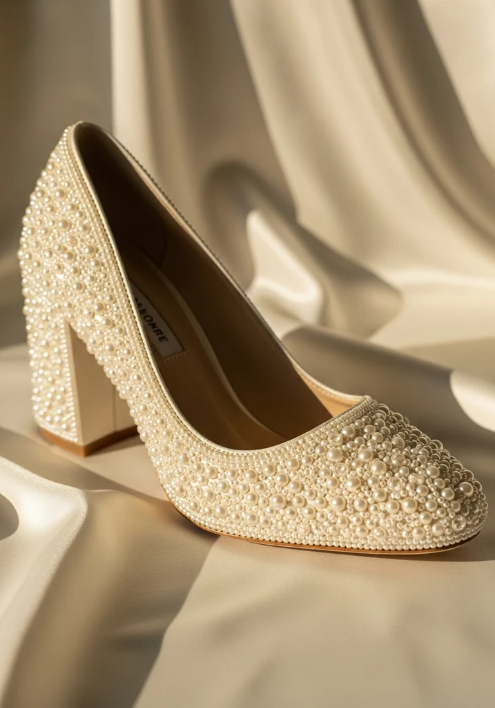 Top Block Heel Wedding Shoes for Comfort and Style 9 Ivory block heel shoes embellished with pearls, exuding luxury and bridal elegance.