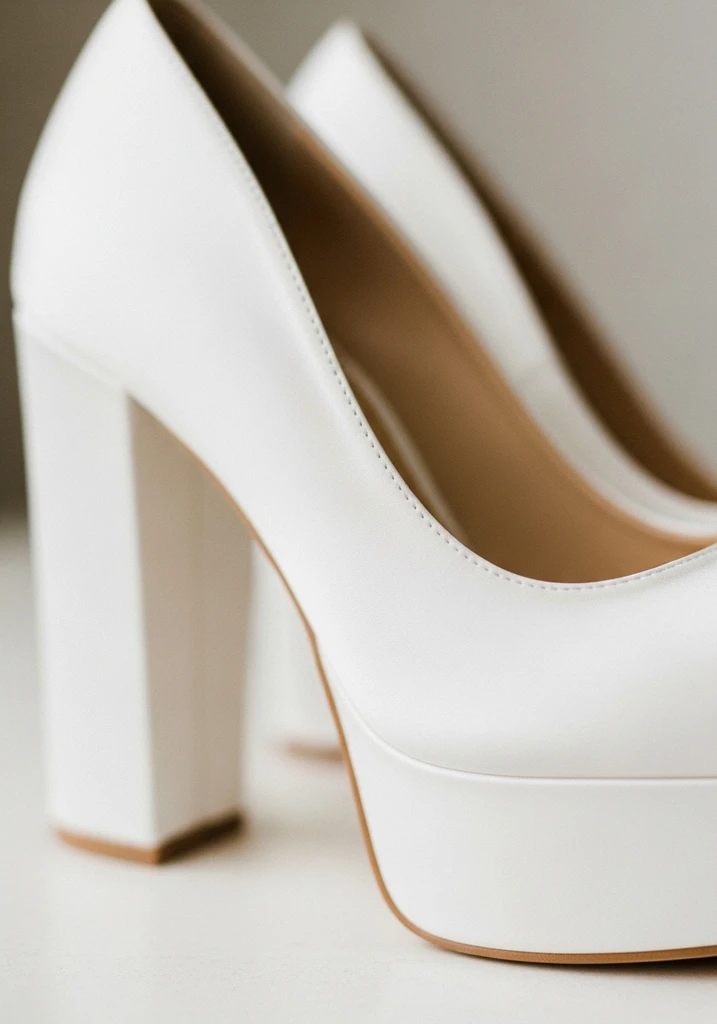 Top 17 Bridal Block Heel Shoes for Your Wedding Day 15 High platform block heel pump in white satin.
