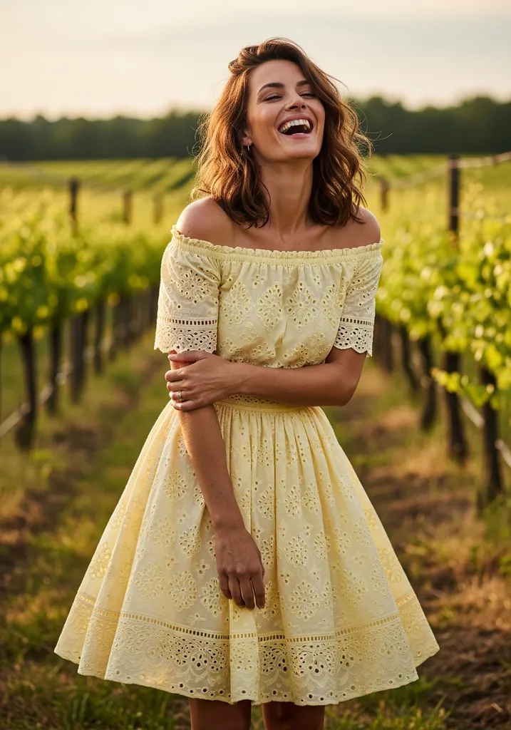 21 Chic Cotton Summer Wedding Guest Dresses 5 Woman in a yellow cotton eyelet Fit and Flare dress at a vineyard wedding.