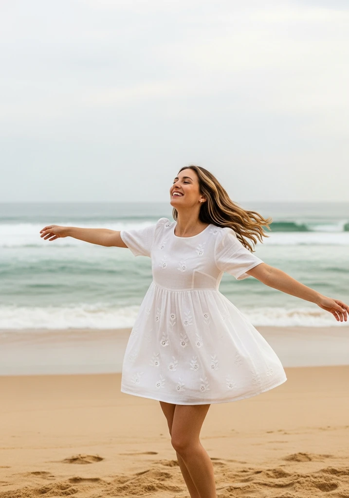 Woman twirling in white linen Empire waist mini dress with floral embroidery on a beach