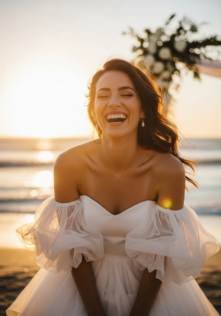 15 Flowy Summer Wedding Guest Dresses for Effortless Style 6 Woman in white Off-shoulder Organza mini dress, laughing at a casual beach wedding.