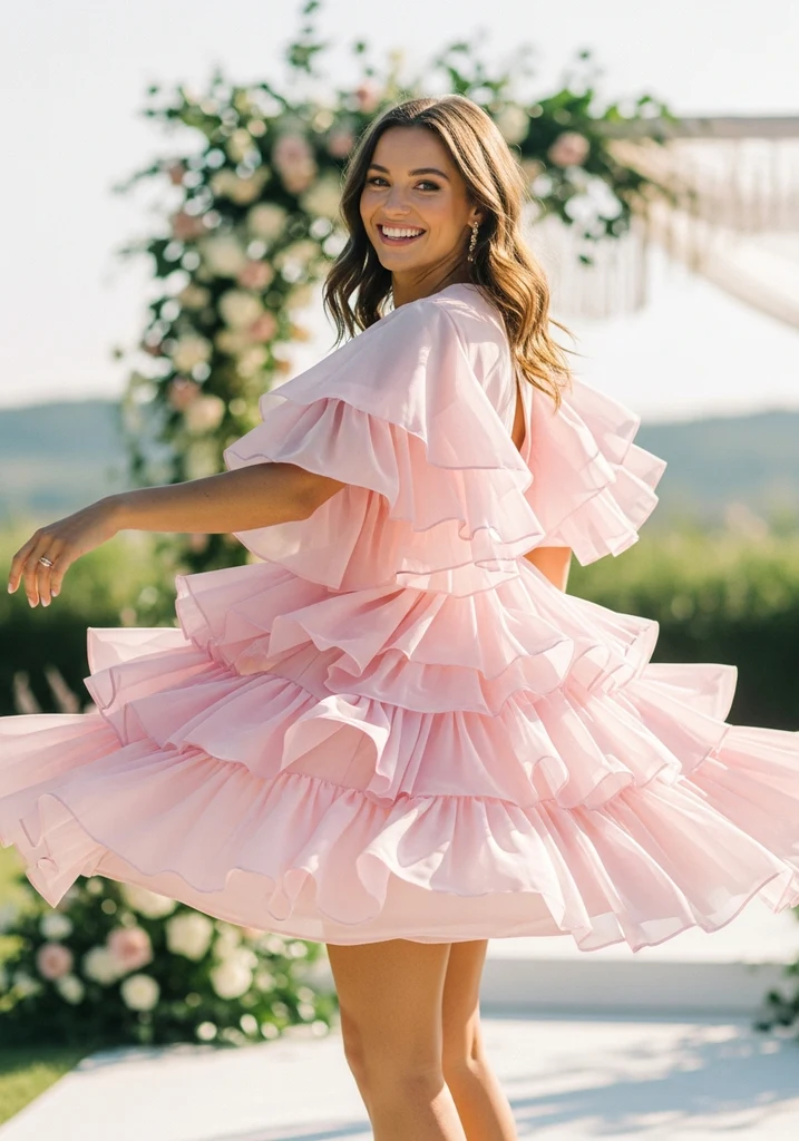 21 Semi Formal Summer Wedding Guest Dresses 7 Woman in playful Ruffled Chiffon Mini dress at a daytime event