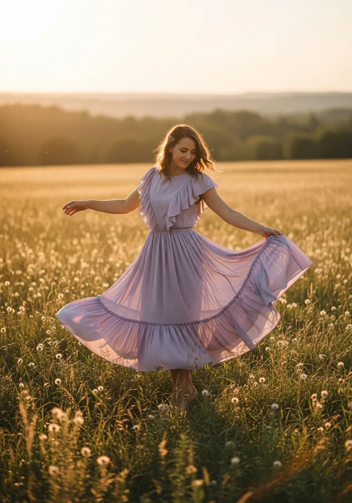 Woman in a lavender ruffled midi dress, perfect for an outdoor wedding