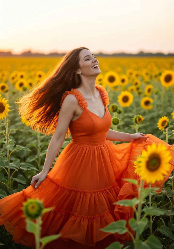 Woman in bright orange ruffled organza sundress in sunflower field