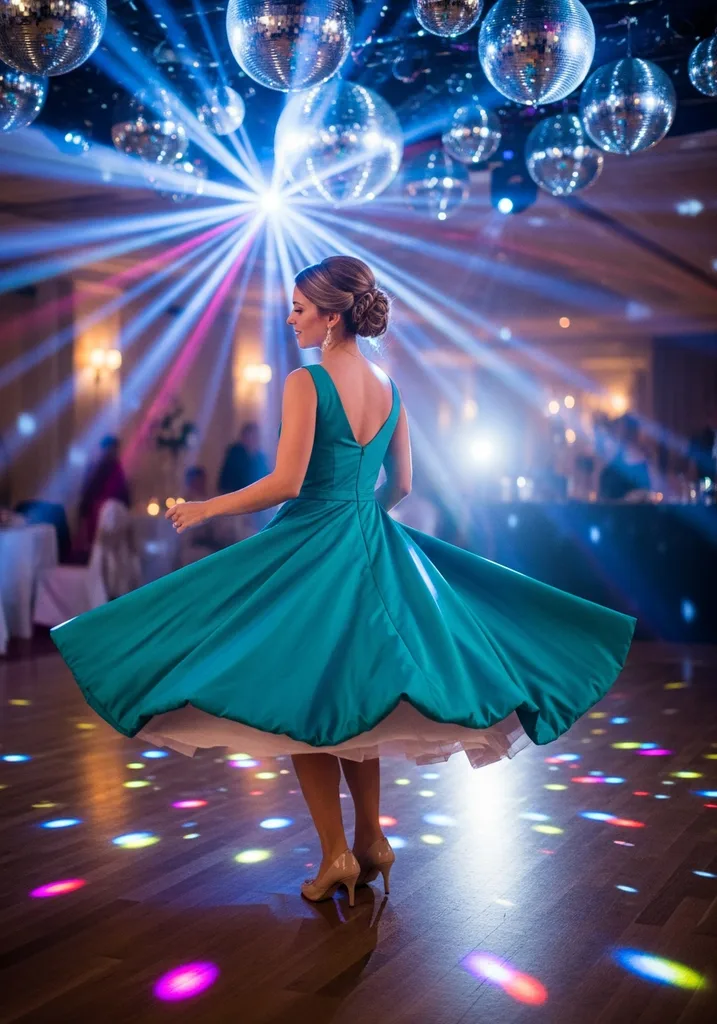 Woman in teal taffeta bubble hem dress on dance floor
