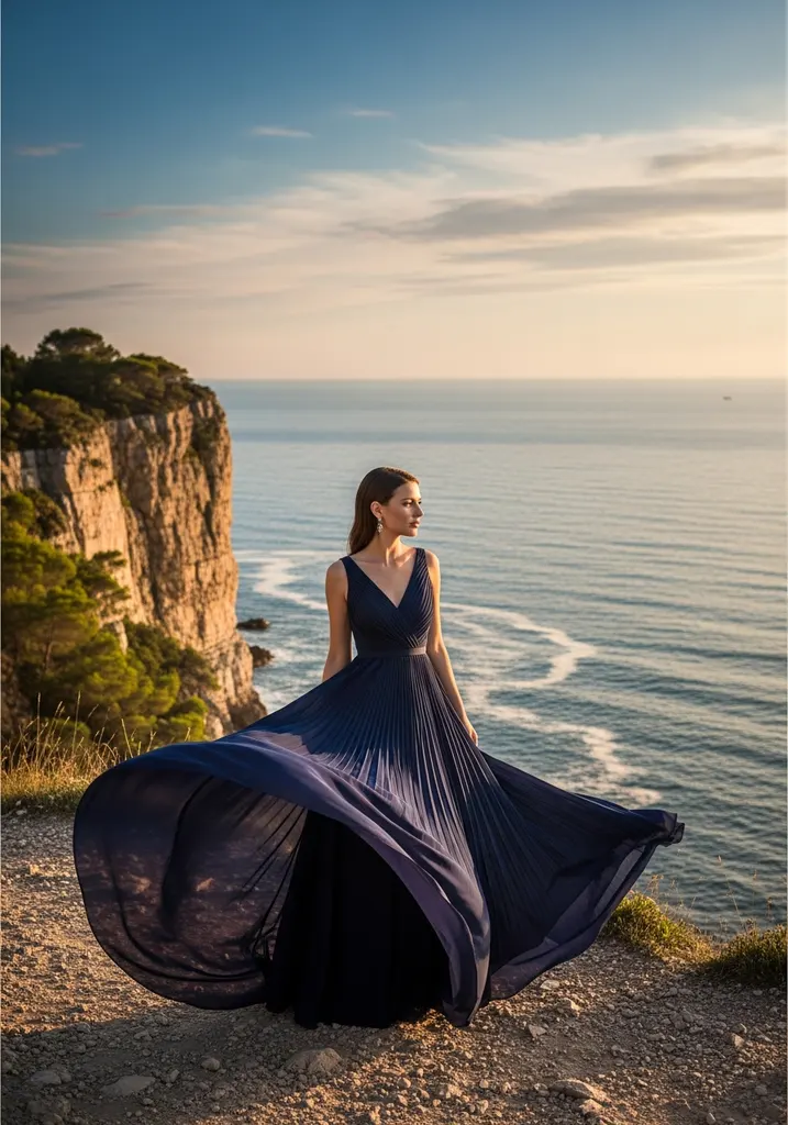 Woman in navy blue Pleated Georgette maxi dress on cliff