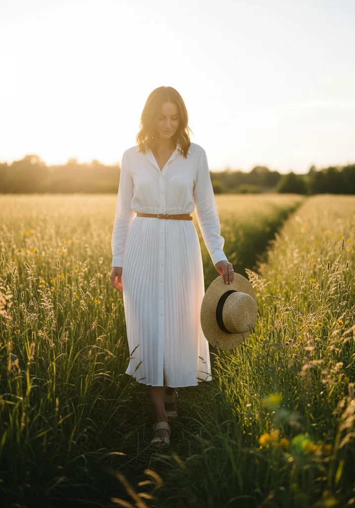 Top 19 Pleated Summer Wedding Guest Dresses Explained 17 Woman in white pleated shirtdress with belt, sophisticated and relaxed for a summer brunch wedding.
