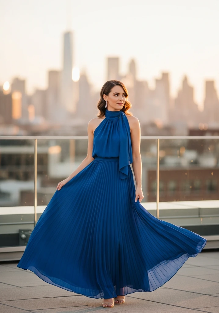 15 Scarf Detail Summer Wedding Guest Dresses 13 Woman in blue pleated skirt dress with scarf halter neck