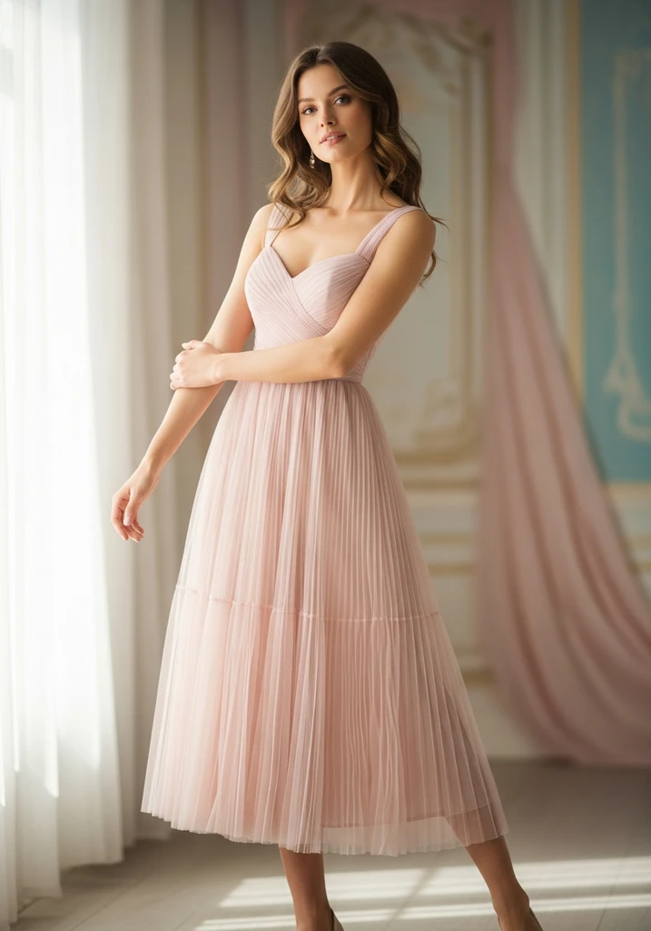 Woman in a pleated tulle midi dress with sweetheart neckline, suitable for a romantic summer wedding.