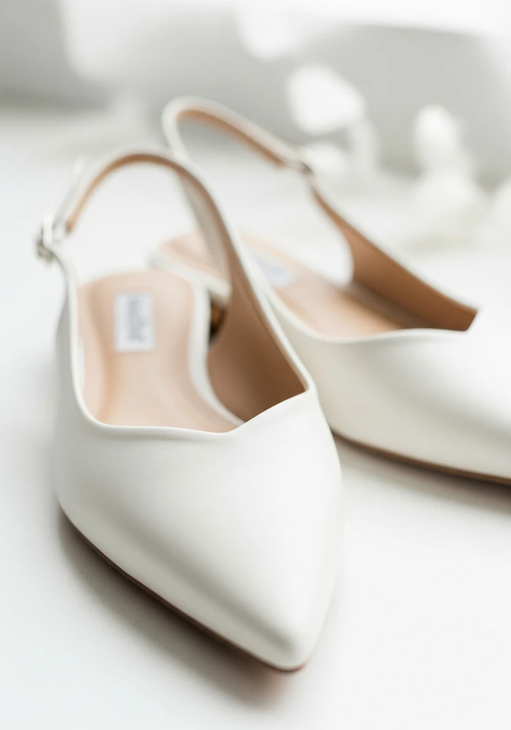 Ivory pointed toe slingback flats with an ankle strap, combining elegance and comfort.