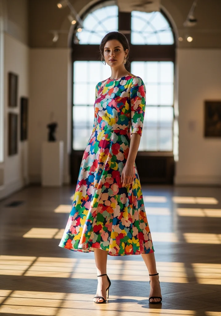 21 Semi Formal Summer Wedding Guest Dresses 10 Woman in vibrant Printed Silk A-line Midi dress at a gallery wedding