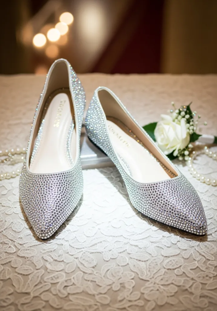 Dazzling silver rhinestone covered pointed toe flats, perfect for a glamorous bridal look.