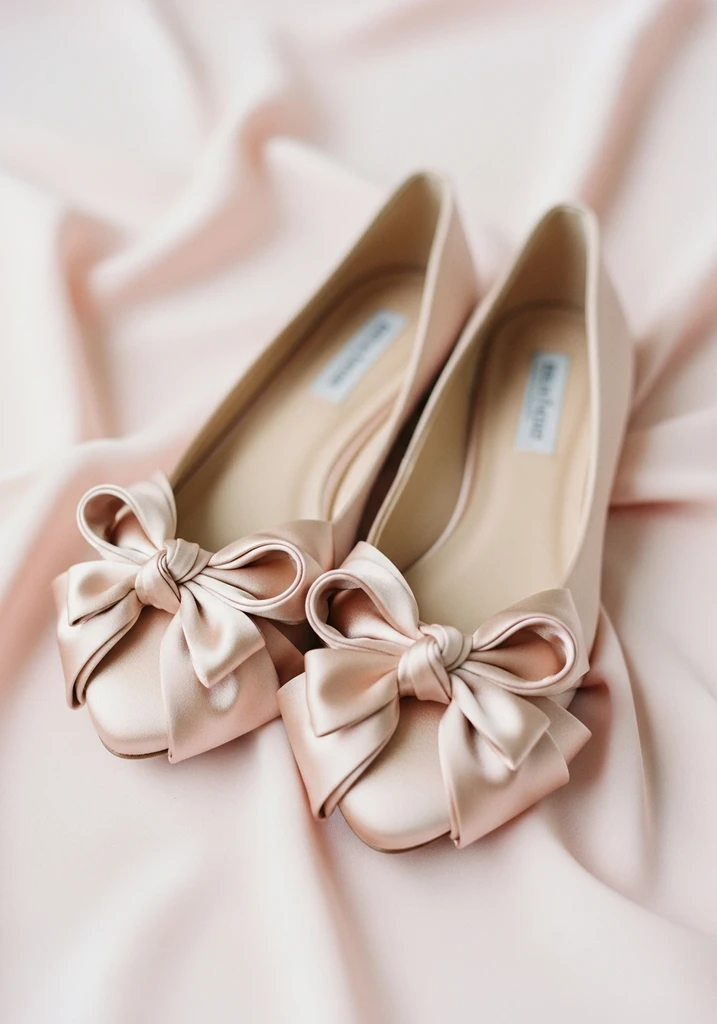 Blush bow embellished satin flat shoes.