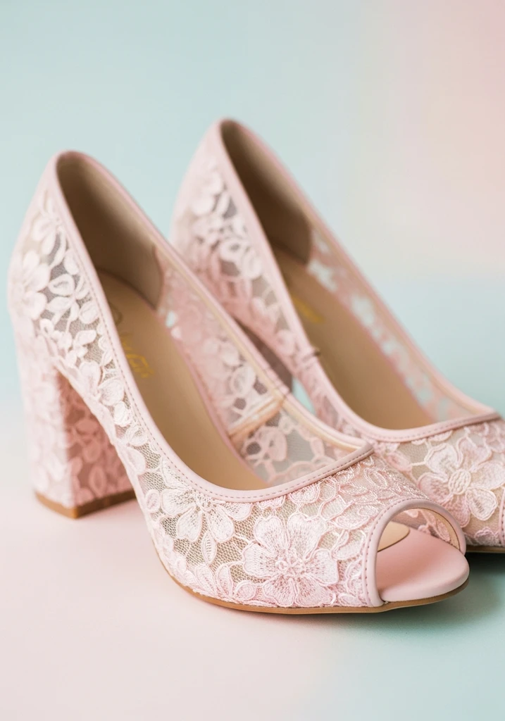 Top Block Heel Wedding Shoes for Comfort and Style 4 Romantic blush lace peep-toe block heel shoes, ideal for a soft, feminine bridal look.