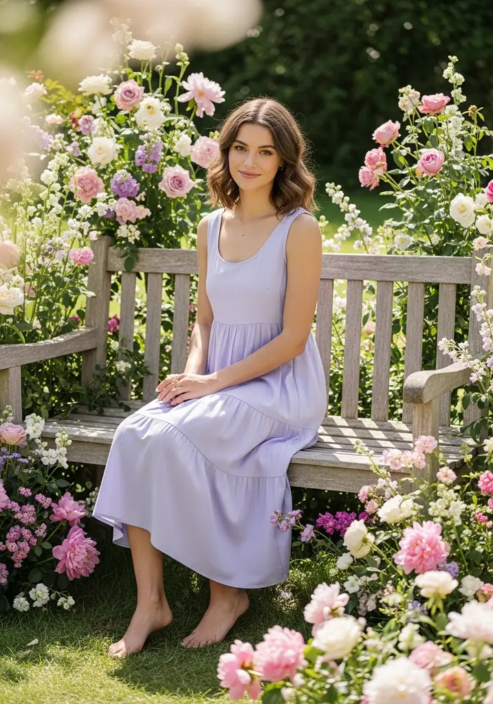 21 Chic Cotton Summer Wedding Guest Dresses 11 Woman in a lavender cotton tiered midi dress at a garden wedding.