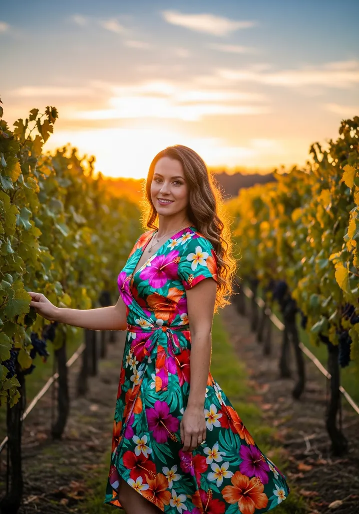 15 Flowy Summer Wedding Guest Dresses for Effortless Style 4 Woman in vibrant floral print Silk wrap dress in a vineyard setting, ideal for a romantic wedding.