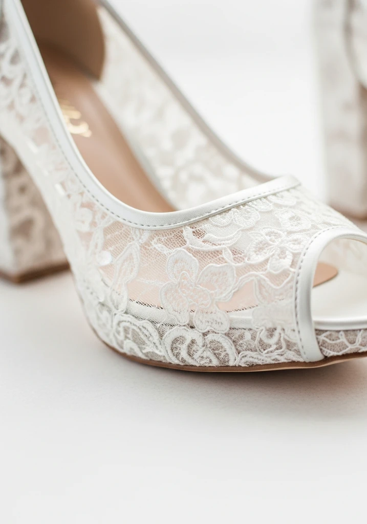 Top 17 Bridal Block Heel Shoes for Your Wedding Day 4 Romantic lace block heel peep-toe shoe with floral details.