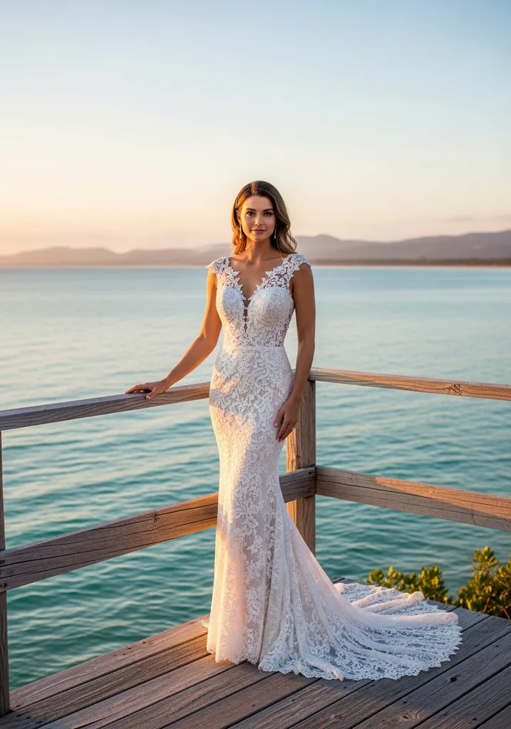 Woman in white Lace Trumpet gown by the ocean