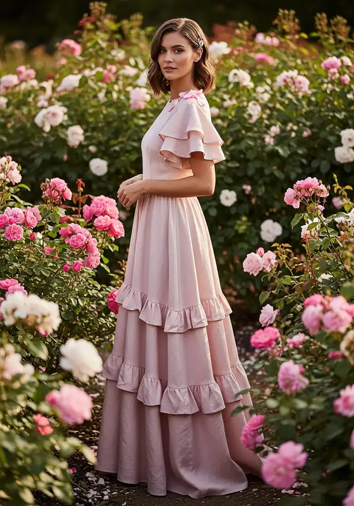 Woman in blush pink linen dress with ruffles on skirt and sleeves