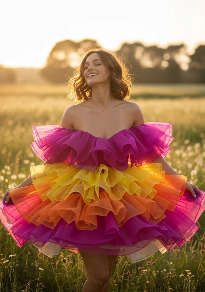 Playful woman in a ruffled organza mini dress with off-shoulder neckline, perfect for a lively summer wedding.