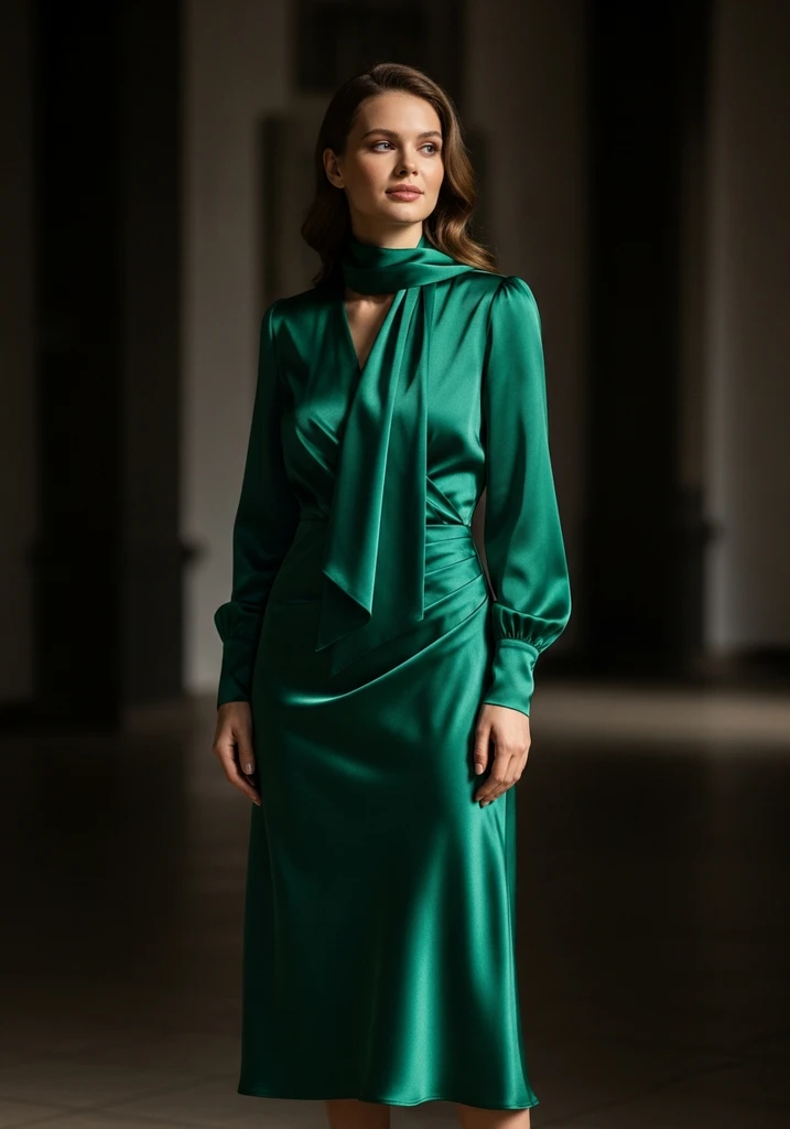 15 Scarf Detail Summer Wedding Guest Dresses 6 Woman in emerald green Satin midi dress with scarf neckline