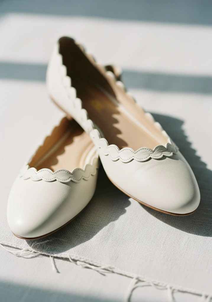 Ivory ballet flats with a delicate scalloped edge, offering vintage-inspired charm.