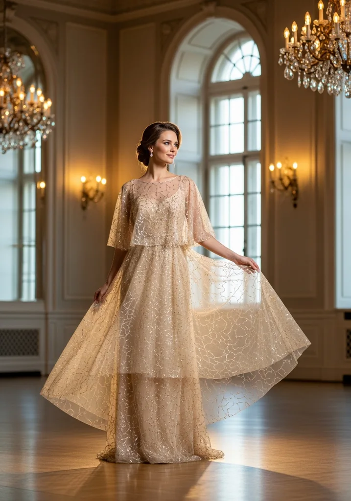 15 Flowy Summer Wedding Guest Dresses for Effortless Style 16 Woman in pale gold Sequin detail Mesh overlay gown, shimmering elegantly in a ballroom.