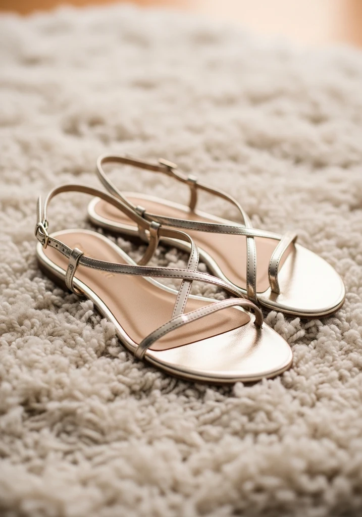 Close up of shimmering metallic gold flat sandals.