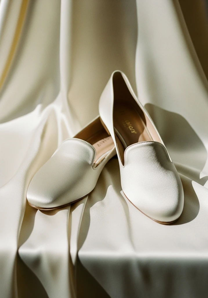 Ivory silk slip-on flats with a minimalist design, exuding refined luxury.