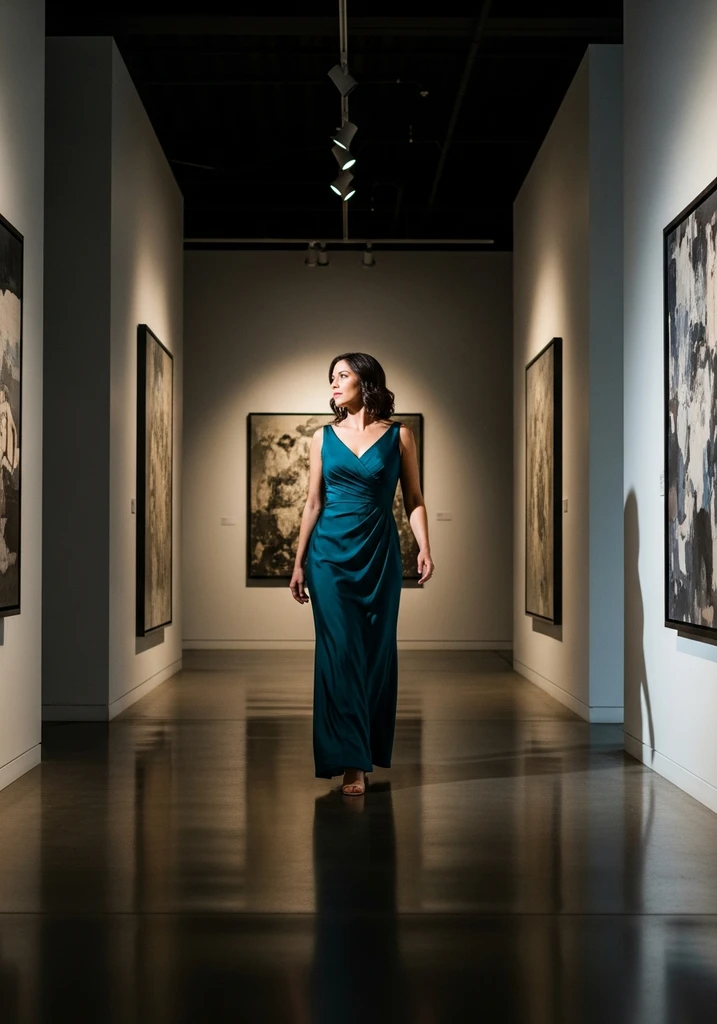 Woman in a deep teal Silk blend Column dress for a sophisticated wedding