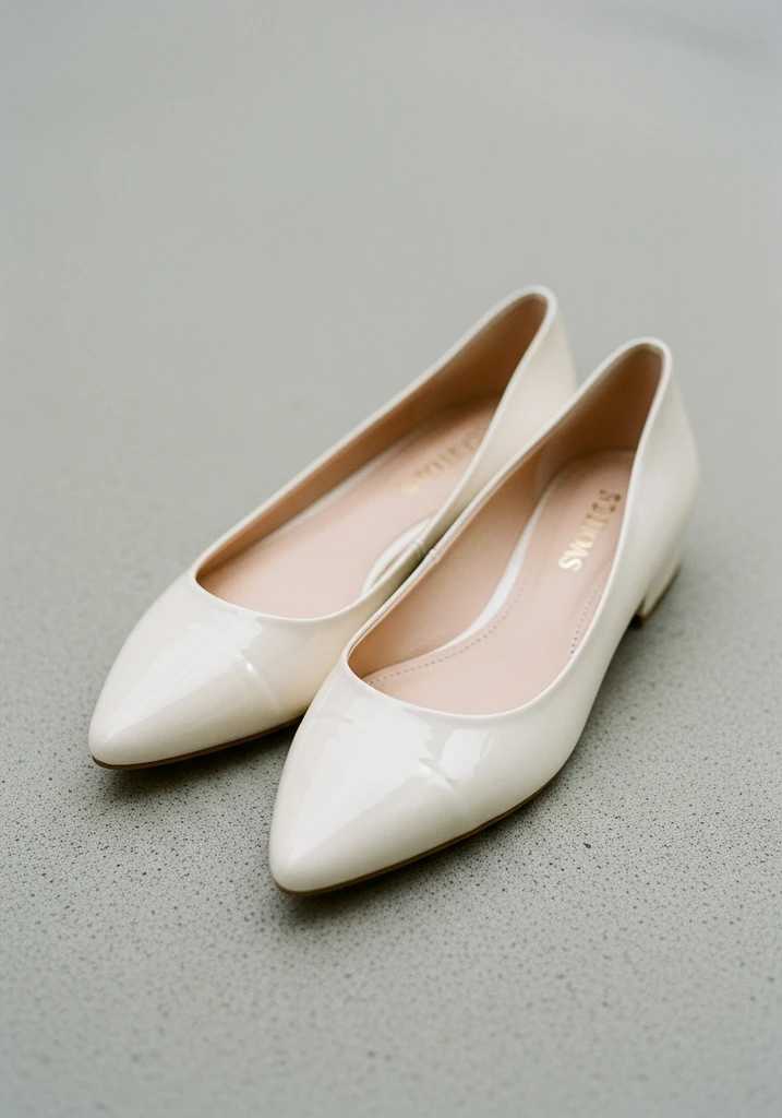 Sleek ivory patent leather flat shoes.