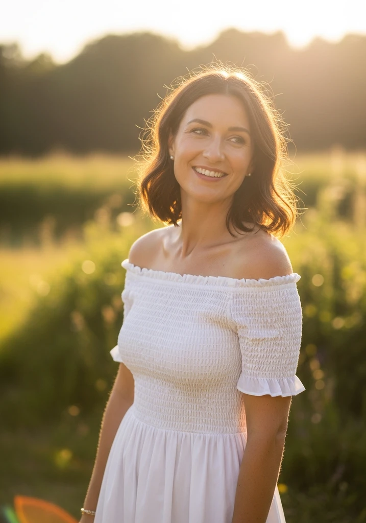 Woman in a cheerful smocked cotton poplin off-shoulder dress for a casual summer wedding.