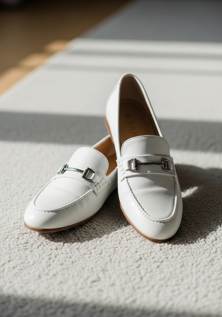 White soft leather loafers with metallic detail, chic and comfortable for a modern bride.