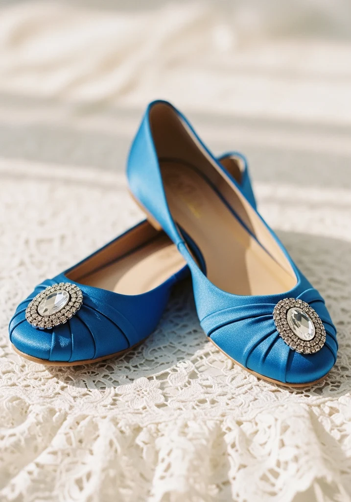 Vibrant blue satin ballet flats with crystal detail, serving as a charming 'something blue'.