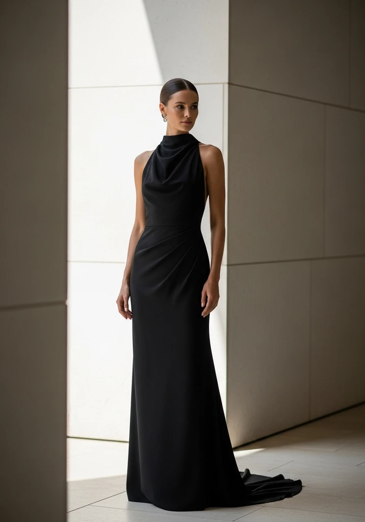 21 Chic Cotton Summer Wedding Guest Dresses 18 Woman in a black cotton Column dress at a modern wedding.