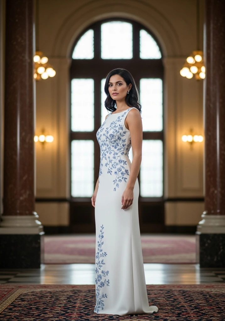 21 Chic Cotton Summer Wedding Guest Dresses 4 Woman in an embroidered cotton Sheath dress at a semi-formal wedding.