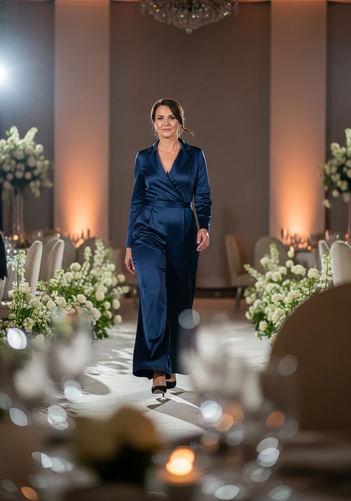 21 Semi Formal Summer Wedding Guest Dresses 15 Woman in sophisticated Silk Jumpsuit at a wedding reception