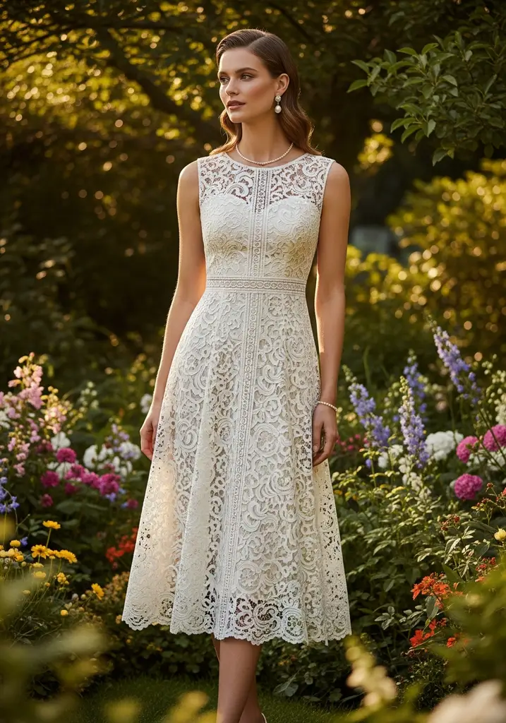 21 Semi Formal Summer Wedding Guest Dresses 5 Woman in sophisticated Lace A-line Midi dress at a garden event
