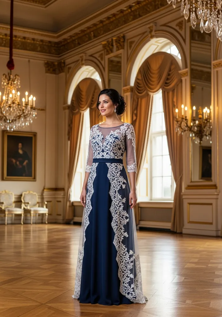 Woman in a navy blue Lace overlay dress for a formal wedding