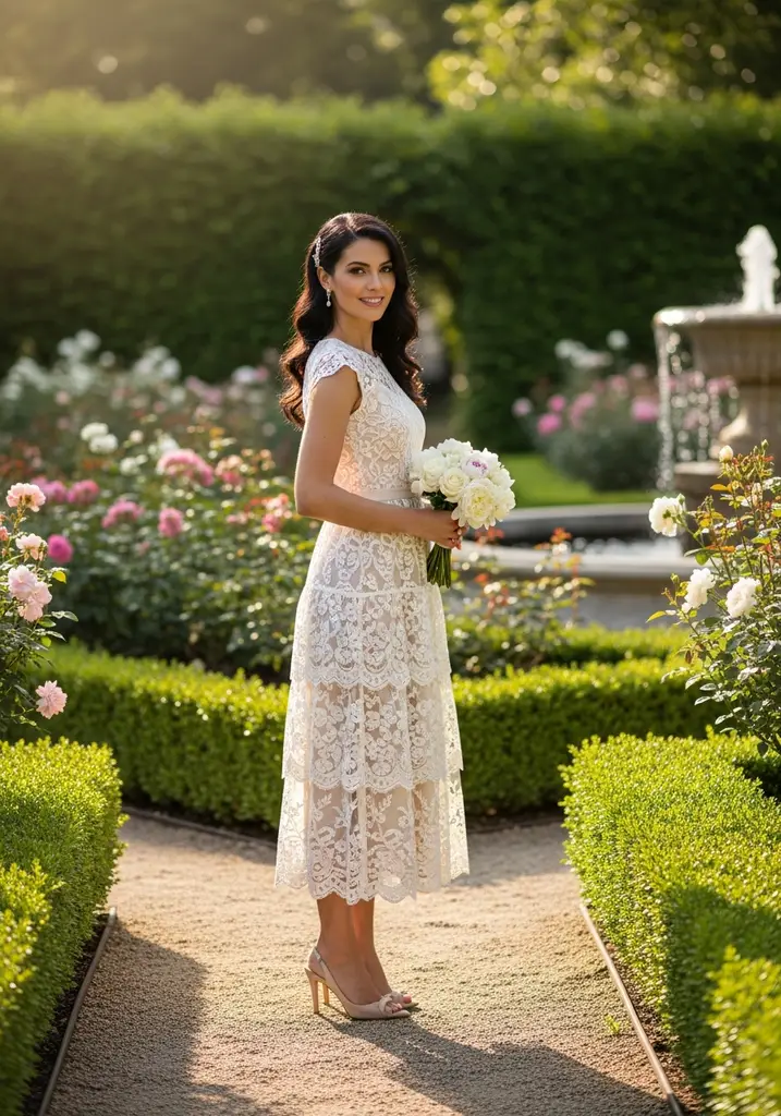 23 Tiered Summer Wedding Guest Dresses for Every Style 4 Cream lace overlay tiered midi dress for wedding guest