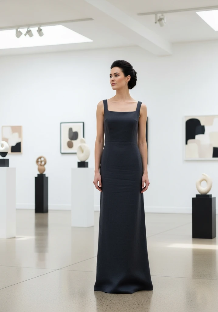 Woman in charcoal gray linen Column maxi dress with Bateau neckline in art gallery