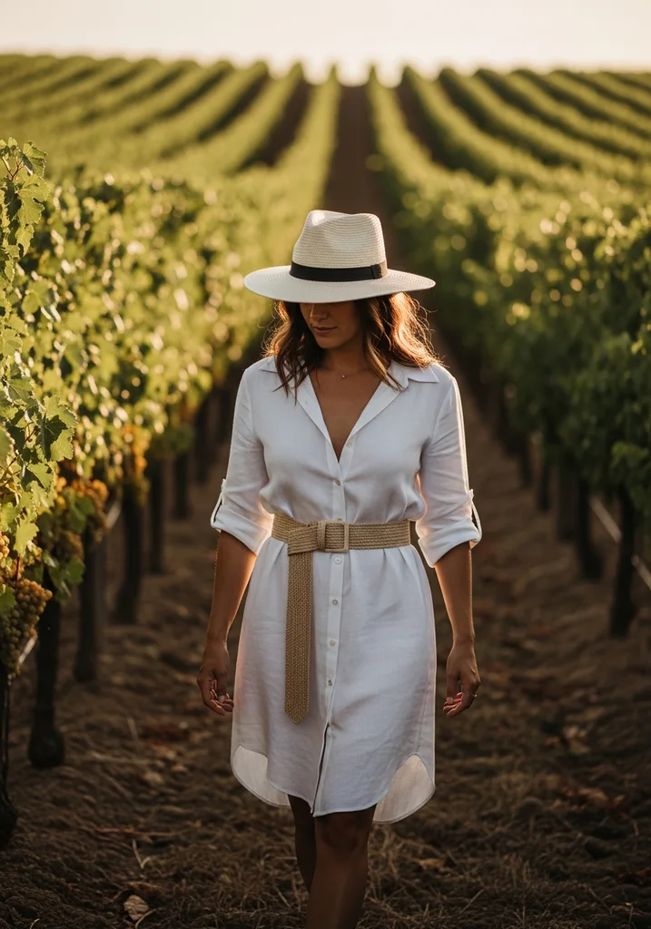 Woman in white linen shirt dress with belt in a vineyard